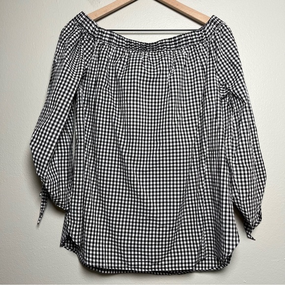 NEW Beach Lunch Lounge Women Top Large Gingham Plaid Off the Shoulder 3/4 Sleeve - Picture 9 of 10